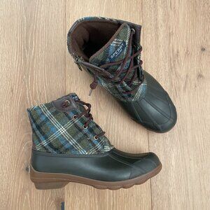 Sperry Boots Women 8 Syren Gulf Duck Blue Green Plaid Waterproof Wool Rubber